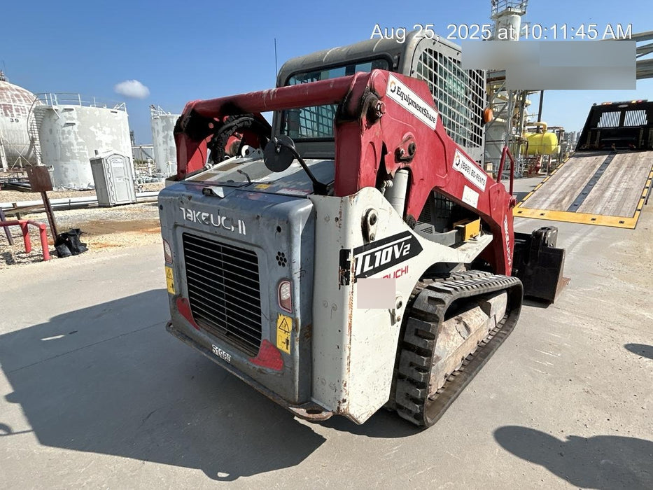 2019 Takeuchi TL10V2-CR Cab/Heat/AC, Rubber Tracks, Backup Alarm, Front & rear working Lights, Auxiliary Hydraulics, 2 Speed Travel, Engine Monitoring System, Hydraulic universal quick hitch w/76" HD smooth dirt bucket with bolt-on edge, 20.3 cubic feet capacity, 48" Pallet forks and frame