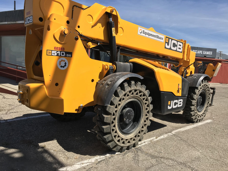 2020 JCB 510-56 Cab/Heat/Air, 74 HP, Solid Tires, STD Worklight, Beacon, Aux Hydraulics, Lifting Eye, Back up Alarm w/66" Carriage/60" Forks