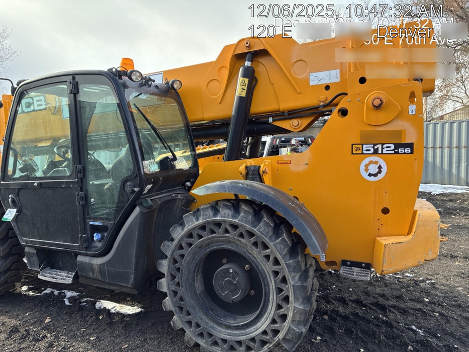 2019 JCB 512-56 Enclosed Cab, 109 HP, Solid Tires, Worklights, Beacon, Aux Hydraulics, Lifting Eye w/66" Carriage/60" Forks