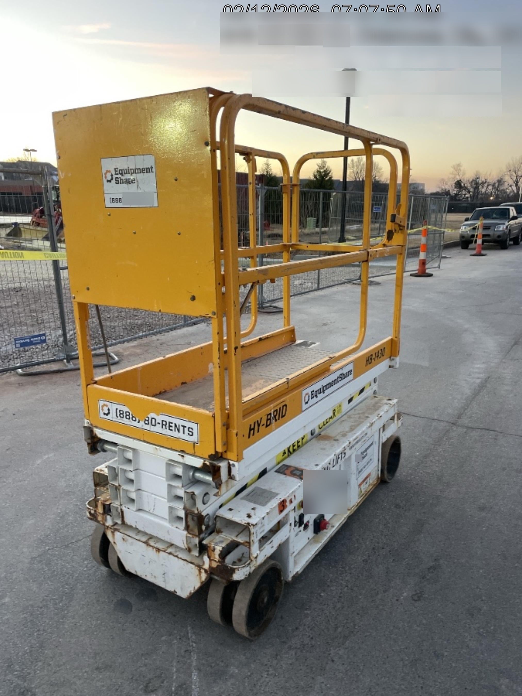 Custom Equipment HB-1430 <ul>
 <li>Hy-Brid Scissor Lift</li>
  <li>Platform capacity up to 670 lbs.</li>
  <li>Working height up to 20 ft</li>
  <li>Weighs under 1,700 lbs.</li>
  <li>Non-marking wheels </li>
</ul>