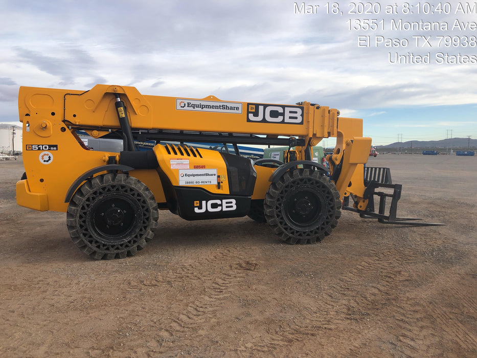 2020 JCB 510-56 Canopy, 74 HP, Solid Tires, STD Worklight, Beacon, Aux Hydraulics, Lifting Eye, Back up Alarm w/66" Carriage/60" Forks