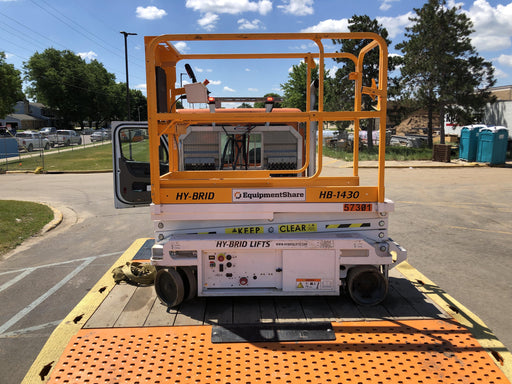 Custom Equipment HB-1430 Hy-Brid Scissor Lift
Platform capacity up to 670 lbs
Working height up to 20 ft
Weighs under 1,700 lbs
Non-marking wheels