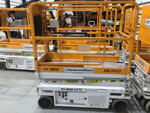 Custom Equipment HB-1430 <ul>
 <li>Hy-Brid Scissor Lift</li>
  <li>Platform capacity up to 670 lbs.</li>
  <li>Working height up to 20 ft</li>
  <li>Weighs under 1,700 lbs.</li>
  <li>Non-marking wheels </li>
</ul>