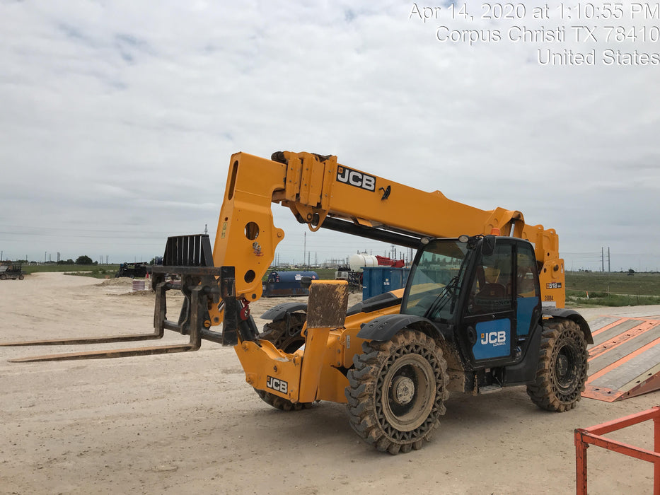 2019 JCB 512-56 Enclosed Cab, 109 HP, Solid Tires, Worklights, Beacon, Aux Hydraulics, Lifting Eye w/60" Carriage/60" Forks