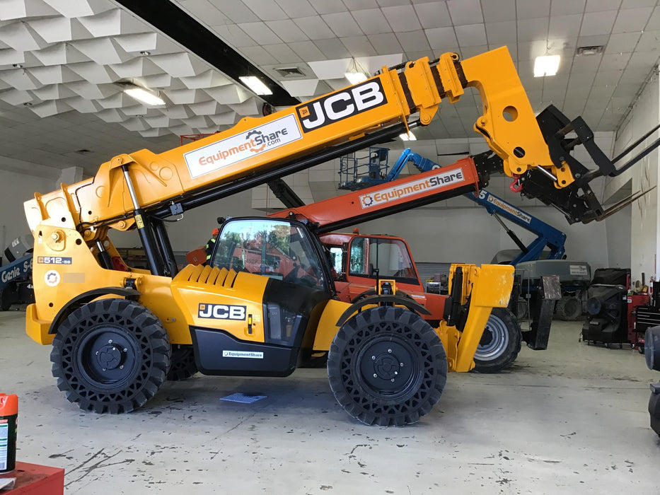 2019 JCB 512-56 109 HP w/Open ROPS, Beacon, Aux Hydraulics, Worklights, Solid Tires 60" Carriage/Forks