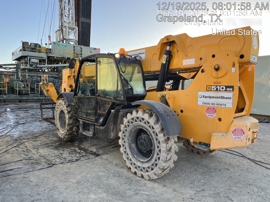2019 JCB 510-56 74 HP w/CAB/HVAC, Beacon, Worklights, Aux Hydraulics, Solid Tires 72" Carriage/60" Forks