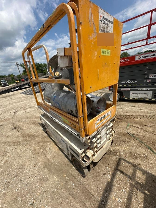 Custom Equipment HB-1430 <ul>
 <li>Hy-Brid Scissor Lift</li>
  <li>Platform capacity up to 670 lbs.</li>
  <li>Working height up to 20 ft</li>
  <li>Weighs under 1,700 lbs.</li>
  <li>Non-marking wheels </li>
</ul>