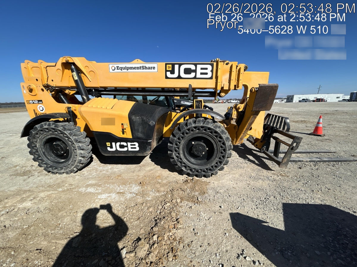 2019 JCB 512-56 Cab/Heat/Air, 109 HP, Solid Tires, STD Worklight, Beacon, Aux Hydraulics, Lifting Eye, Back up Alarm w/66" Carriage/60" Forks