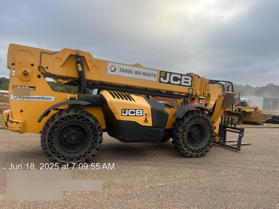 2019 JCB 510-56 Open ROPS, 74 HP, Solid Tires, Worklights, Beacon, Aux Hydraulics, Lifting Eye w/60" Carriage/60" Forks