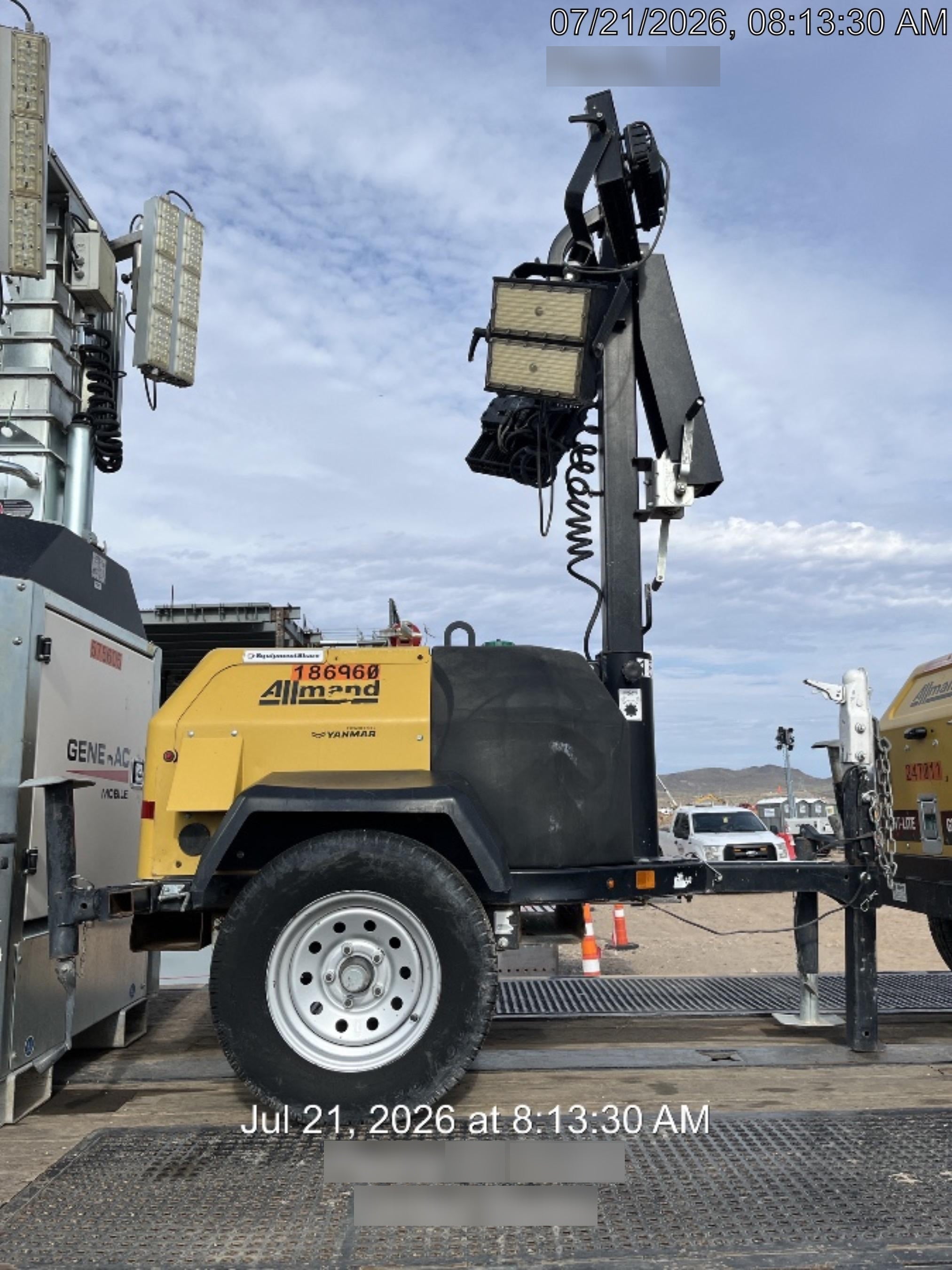 Allmand NLV3GR (4) LED Light Fixture 350W, 23' Vertical Mast, 3kW Prime, Towable, Deep Sea L401, Leveling Jacks, Yanmar T4F 5.8hp