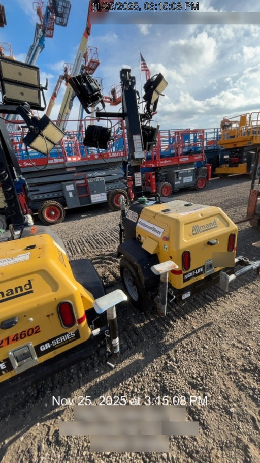 2022 Allmand NLV3GR (4) LED Light Fixture 350W, 23' Vertical Mast, 3kW Prime, Towable, Deep Sea L401, Leveling Jacks, Yanmar T4F 5.8hp