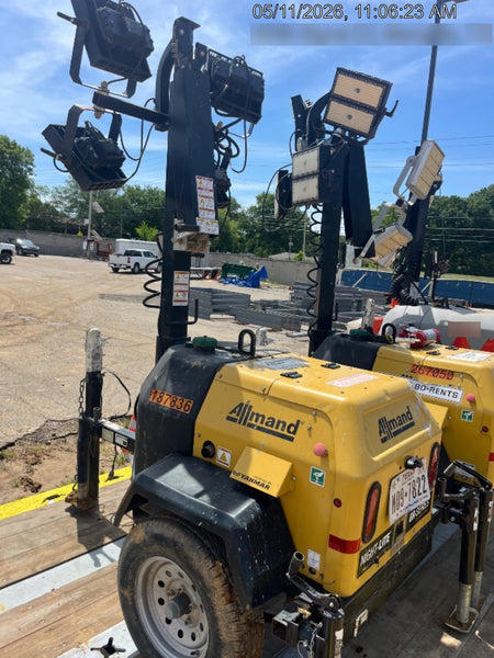 Allmand NLV3GR (4) LED Light Fixture 350W, 23' Vertical Mast, 3kW Prime, Towable, Deep Sea L401, Leveling Jacks, Yanmar T4F 5.8hp