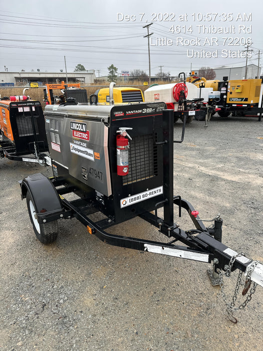2019 Lincoln Electric Vantage 322 Ready-Pak 3, Two Wheel Trailer, Fender and Light Kit, Cable Rack