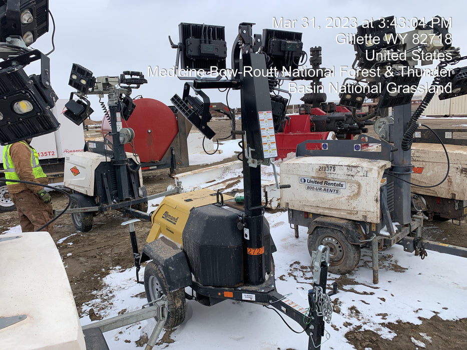 2022 Allmand NLV3GR (4) LED Light Fixture 350W, 23' Vertical Mast, 3kW Prime, Towable, ES Decals, T3