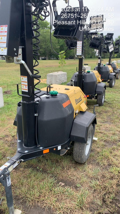 2020 Allmand NLV3GR (4) LED Light Fixture 350W, 23' Vertical Mast, 3kW Prime, Towable, Deep Sea L401, Leveling Jacks, Yanmar T4F 5.8hp