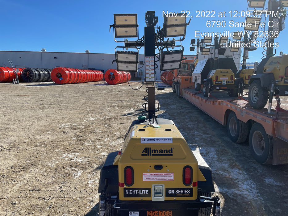 2022 Allmand NLV3GR (4) LED Light Fixture 350W, 23' Vertical Mast, 3kW Prime, Towable, ES Decals, T3