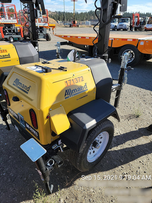 2021 Allmand NLV3GR (4) LED Light Fixture 350W, 23' Vertical Mast, 3kW Prime, Towable, Deep Sea L401, Leveling Jacks, Yanmar T4F 5.8hp