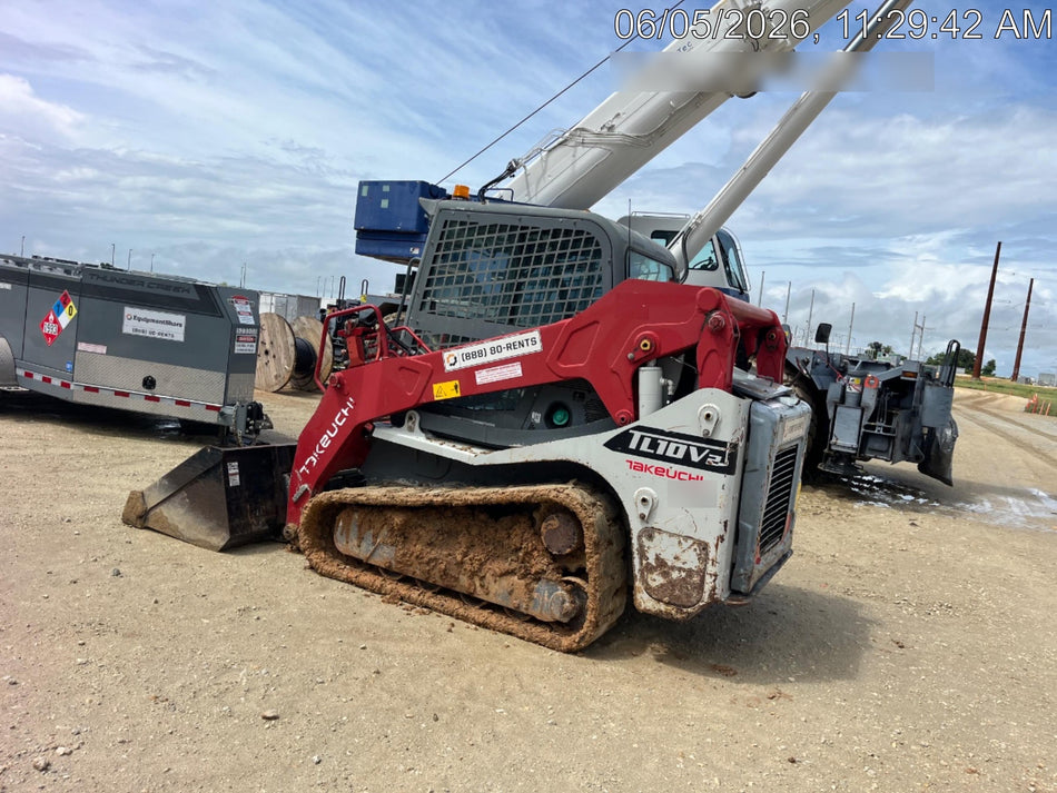 2019 Takeuchi TL10V2-CR Cab/Heat/AC, Rubber Tracks, Backup Alarm, Front & rear working Lights, Auxiliary Hydraulics, 2 Speed Travel, Engine Monitoring System, Hydraulic universal quick hitch w/76" HD smooth dirt bucket with bolt-on edge, 20.3 cubic feet capacity, 48" Pallet forks and frame