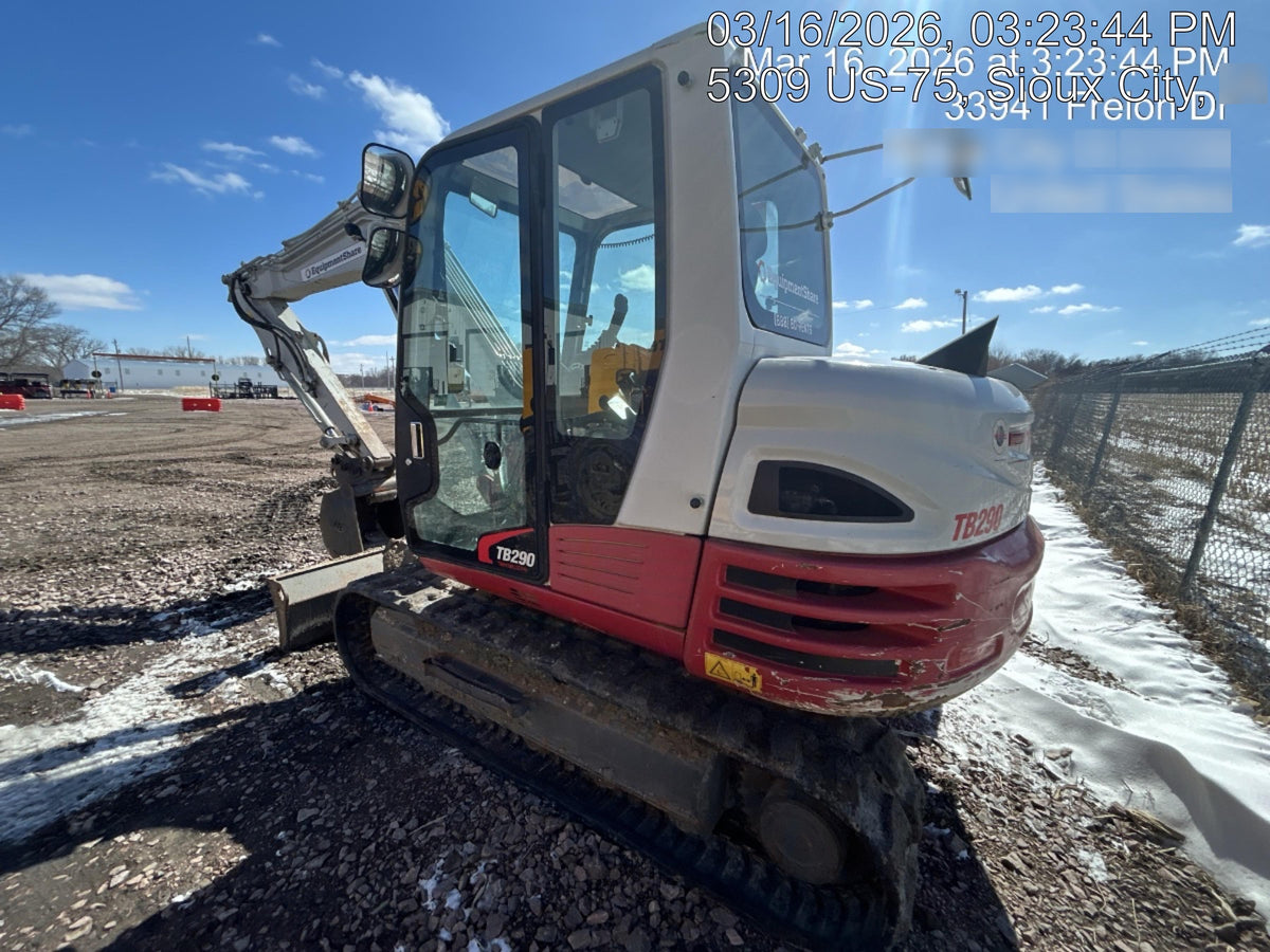 2019 Takeuchi TB290 Cab/Heat/AC Rubber tracks, Dozer blade, Travel alarm, Auxiliary hydraulics Manual QC, Hydraulic thumb, 18", 24", and 36" Buckets