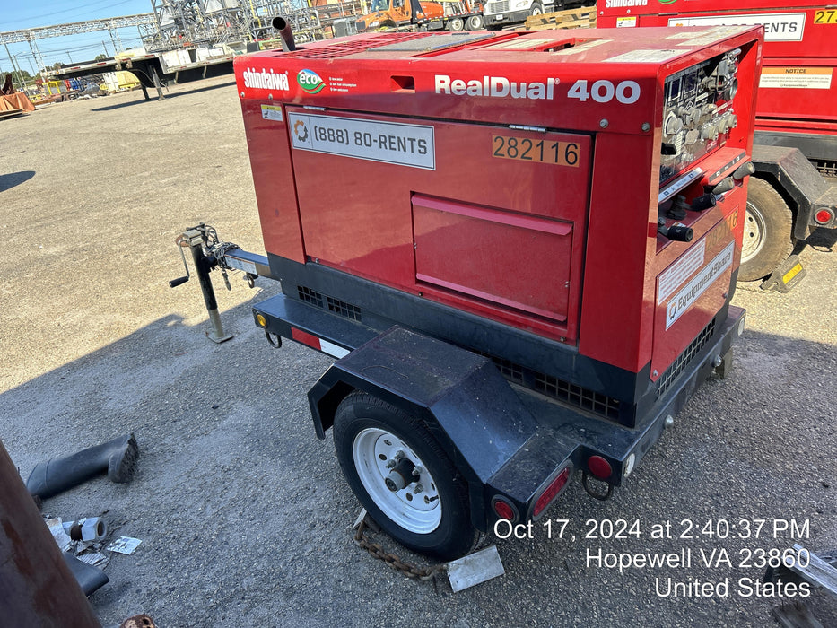 2022 Shindaiwa DGW400MDL Kubota D902 Engine, 23 HP, Dual Op Welder, Wire, Arc, Droop Stick, Tig, and CC Stick Functionality, Simulphase, 3 Phase and 1 Phase Gen Output, Single Axle NB Trlr, Slr Trckl Chrg 12V 12W, Fire Ext