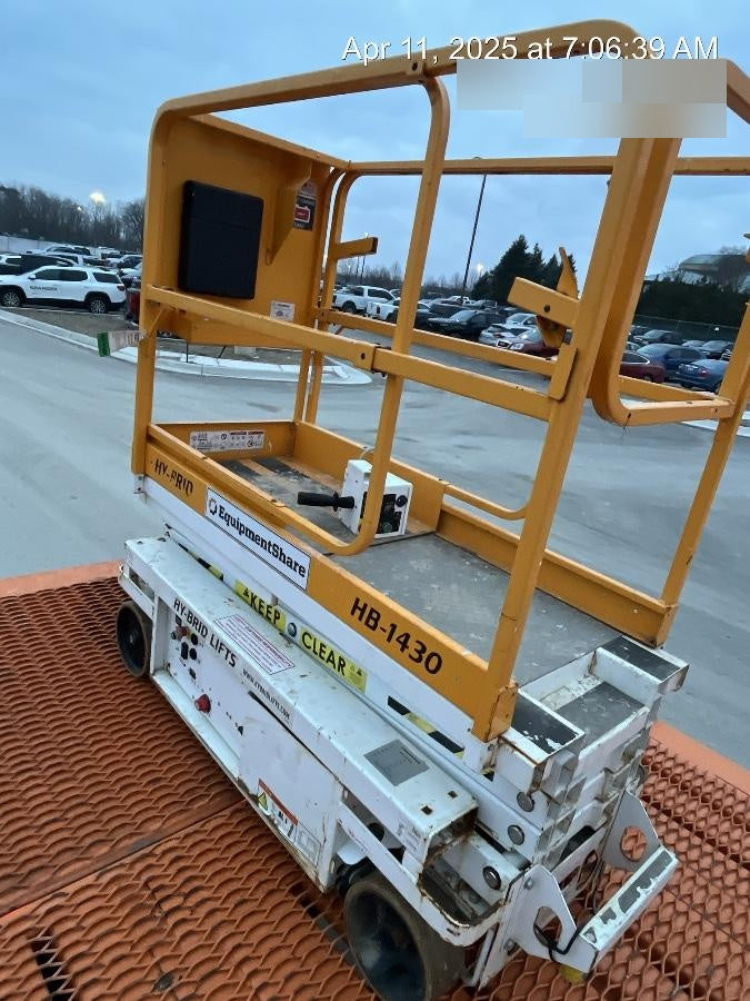 Custom Equipment HB-1430 <ul>
 <li>Hy-Brid Scissor Lift</li>
  <li>Platform capacity up to 670 lbs.</li>
  <li>Working height up to 20 ft</li>
  <li>Weighs under 1,700 lbs.</li>
  <li>Non-marking wheels </li>
</ul>