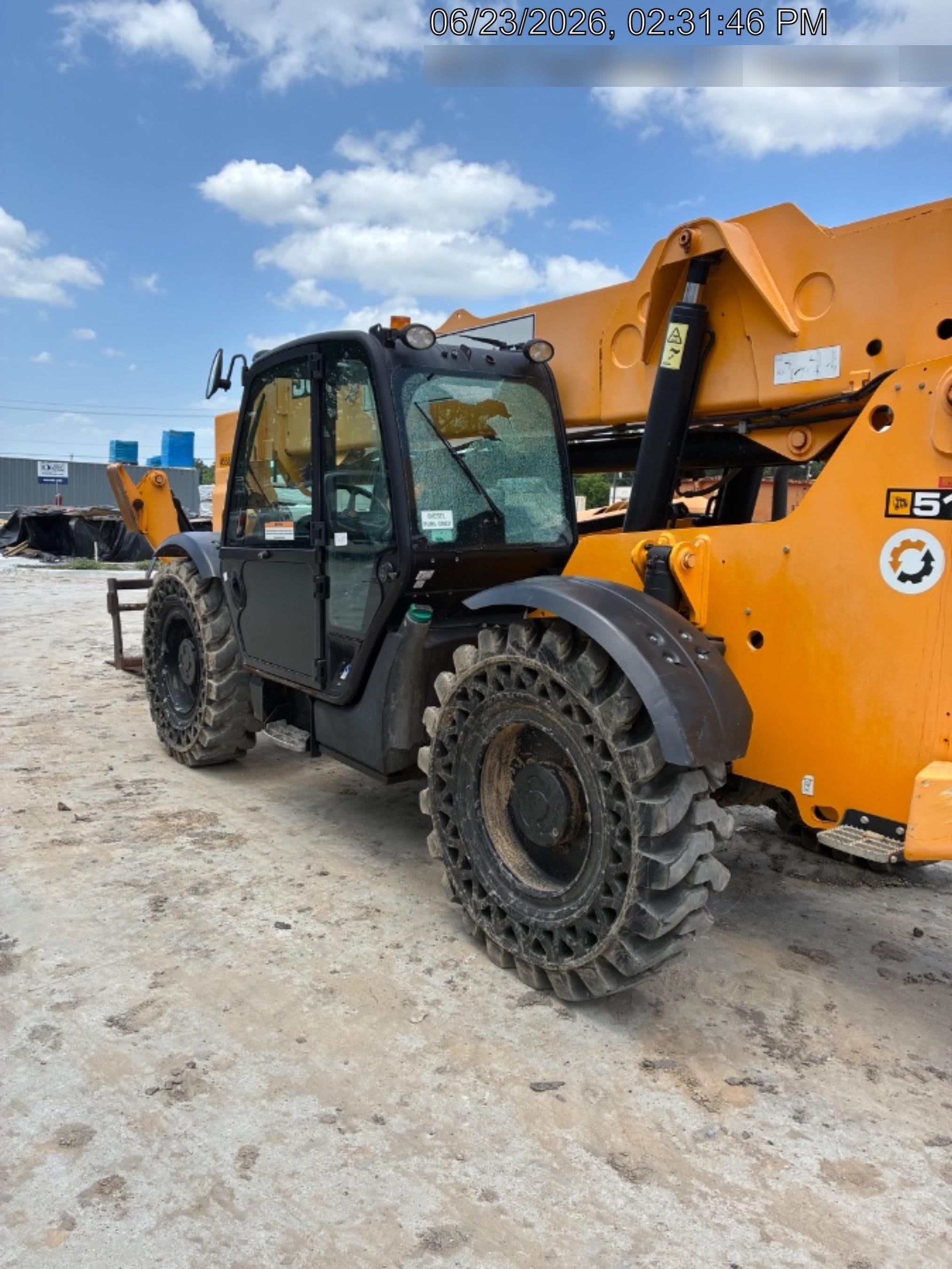 2019 JCB 510-56 Enclosed Cab, 74 HP, Solid Tires, Worklights, Beacon, Aux Hydraulics, Lifting Eye w/66" Carriage/60" Forks