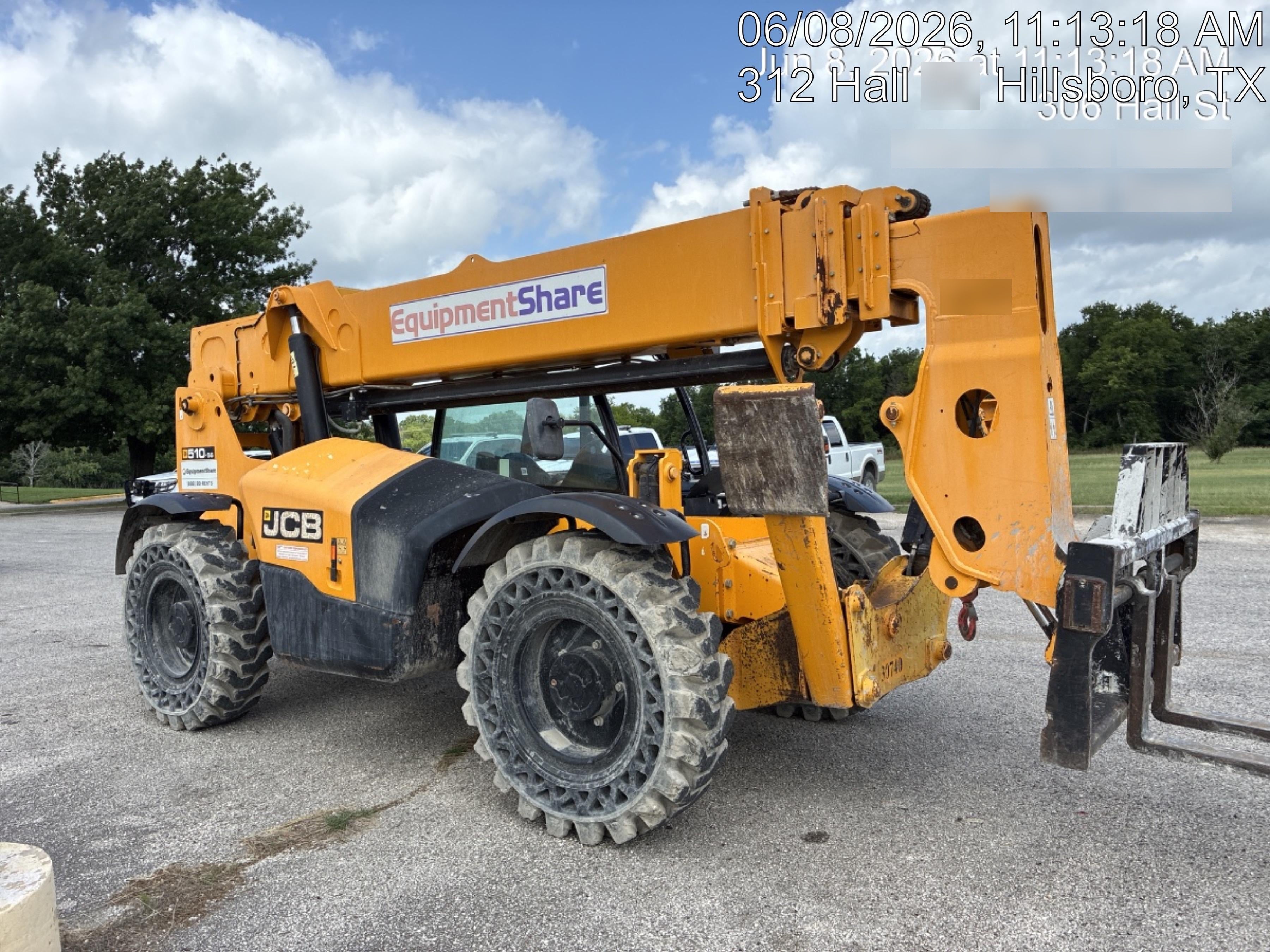 2019 JCB 510-56 Open ROPS, 74 HP, Solid Tires, Worklights, Beacon, Aux Hydraulics, Lifting Eye 66" Carriage/60" Forks