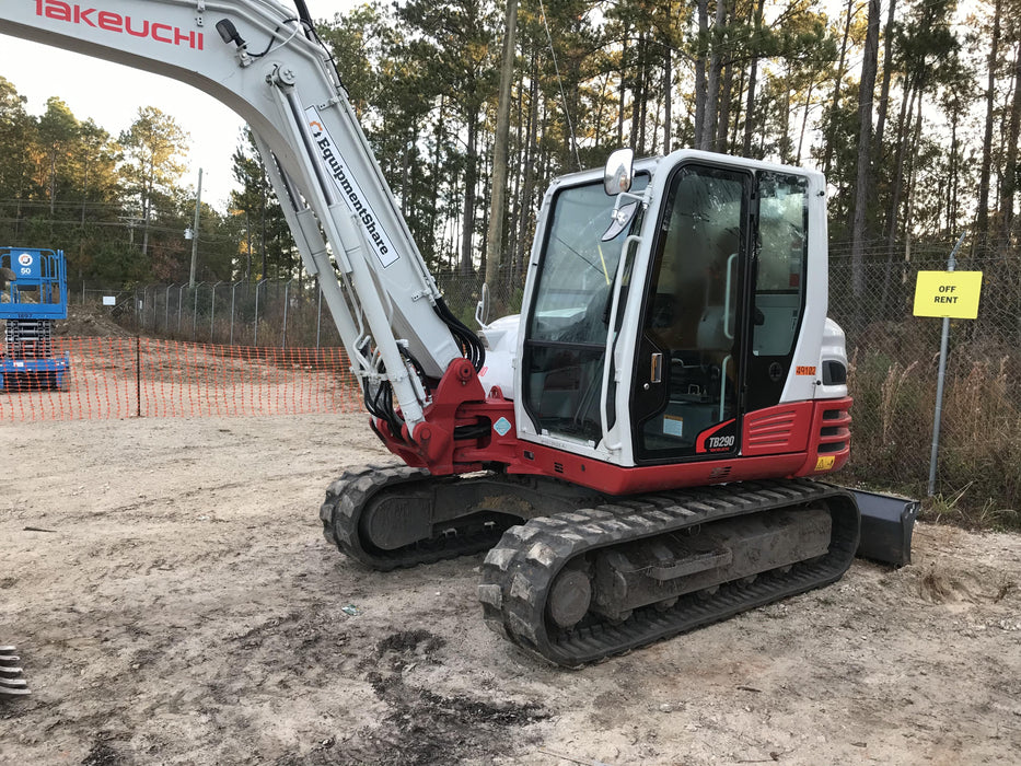 2019 Takeuchi TB290 Cab, AC, Rubber Tracks, Dozer Blade, Travel Alarm, Control Pattern Change Valve, Auxiliary Hydraulics w/18" Quick Coupler Bucket with teeth, 6.2 cu. ft. capacity/24" Quick Coupler Bucket with teeth, 8.6 cu. ft. capacity/36" Quick Coupler Bucket with teeth, 13.4 cu. ft. capacity, Quick Coupler, Hydraulic Thumb Installed