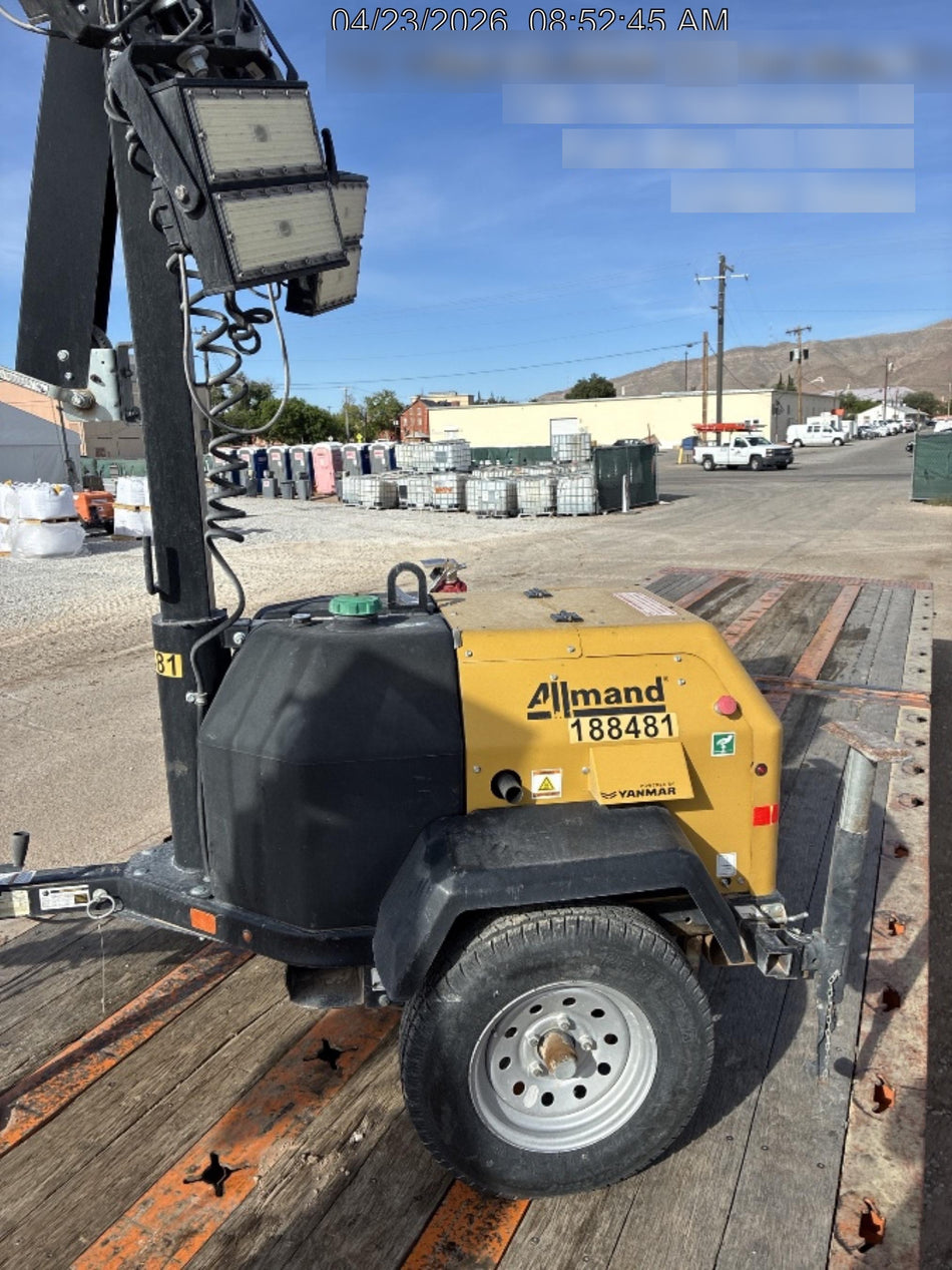 Allmand NLV3GR (4) LED Light Fixture 350W, 23' Vertical Mast, 3kW Prime, Towable, Deep Sea L401, Leveling Jacks, Yanmar T4F 5.8hp