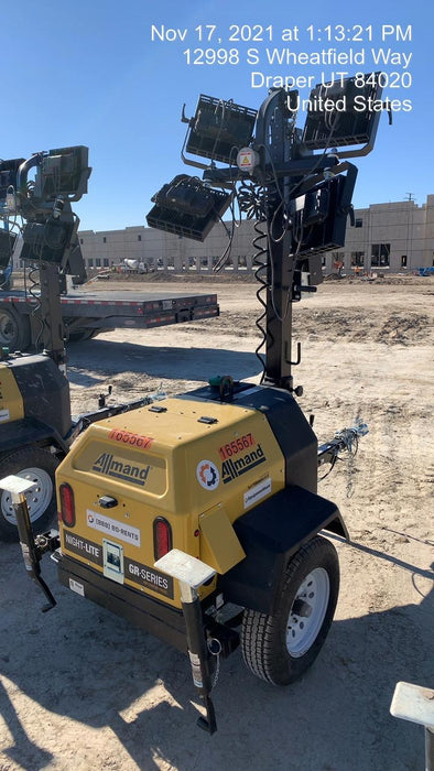 2021 Allmand NLV3GR (4) LED Light Fixture 350W, 23' Vertical Mast, 3kW Prime, Towable, Deep Sea L401, Leveling Jacks, Yanmar T4F 5.8hp