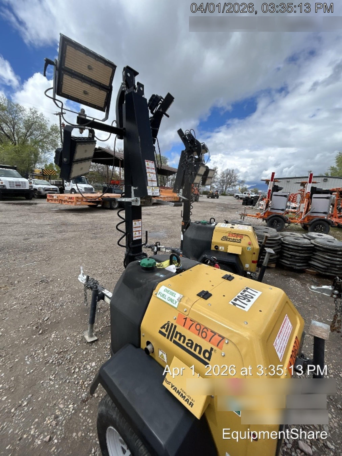 Allmand NLV3GR (4) LED Light Fixture 350W, 23' Vertical Mast, 3kW Prime, Towable, Deep Sea L401, Leveling Jacks, Yanmar T4F 5.8hp