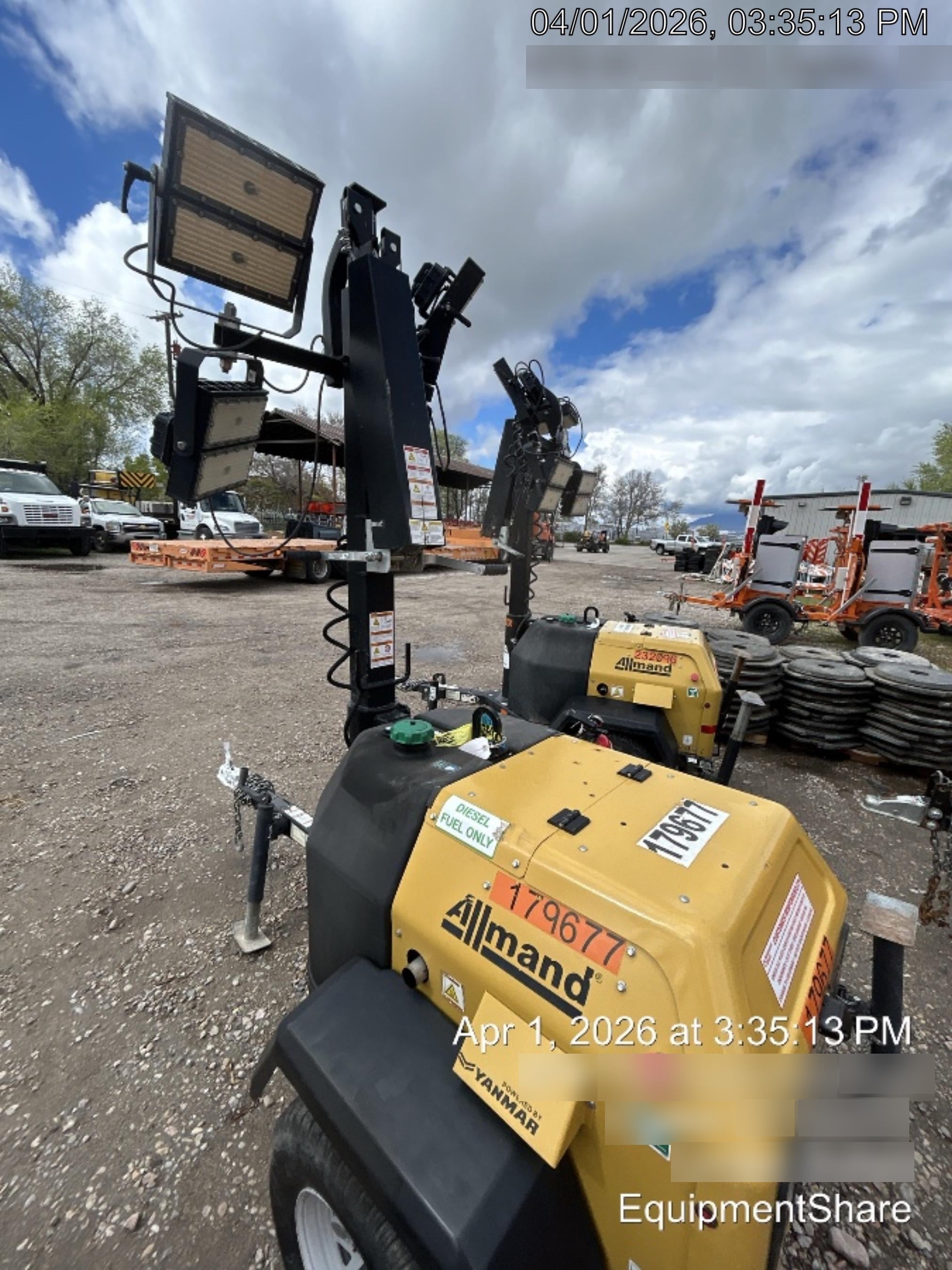 Allmand NLV3GR (4) LED Light Fixture 350W, 23' Vertical Mast, 3kW Prime, Towable, Deep Sea L401, Leveling Jacks, Yanmar T4F 5.8hp