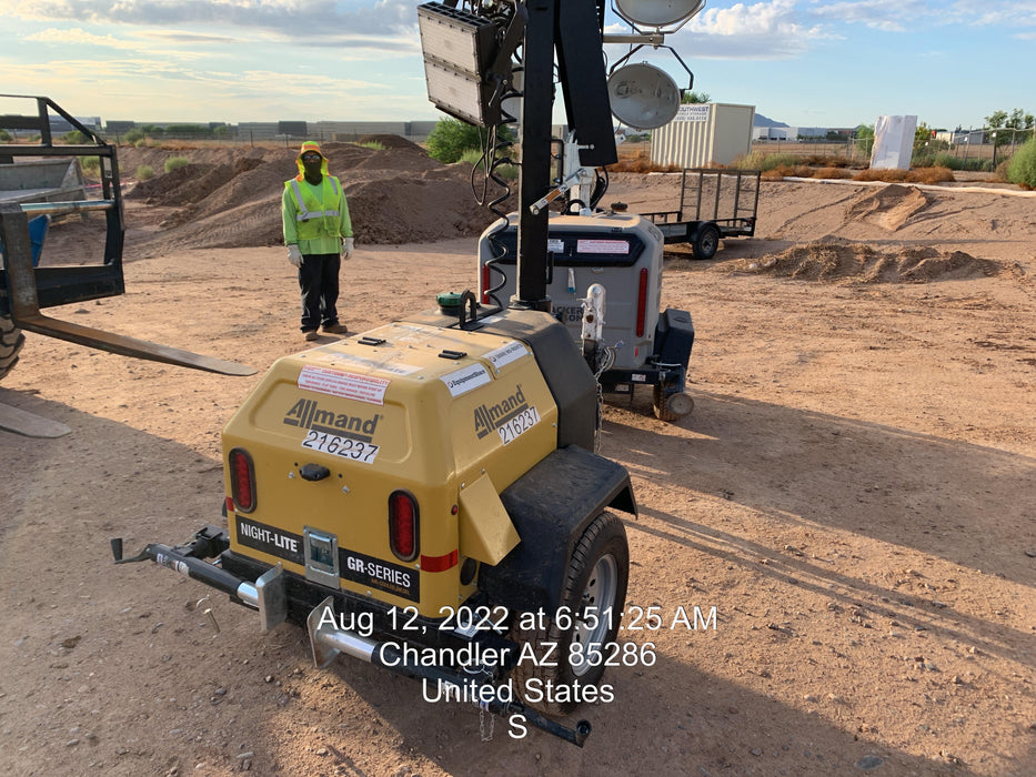 2022 Allmand NLV3GR (4) LED Light Fixture 350W, 23' Vertical Mast, 3kW Prime, Towable, Deep Sea L401, Leveling Jacks, Yanmar T4F 5.8hp