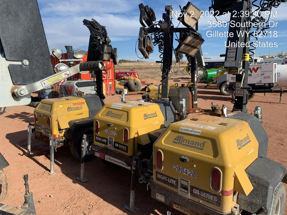 2022 Allmand NLV3GR (4) LED Light Fixture 350W, 23' Vertical Mast, 3kW Prime, Towable, Deep Sea L401, Leveling Jacks, Yanmar T4F 5.8hp