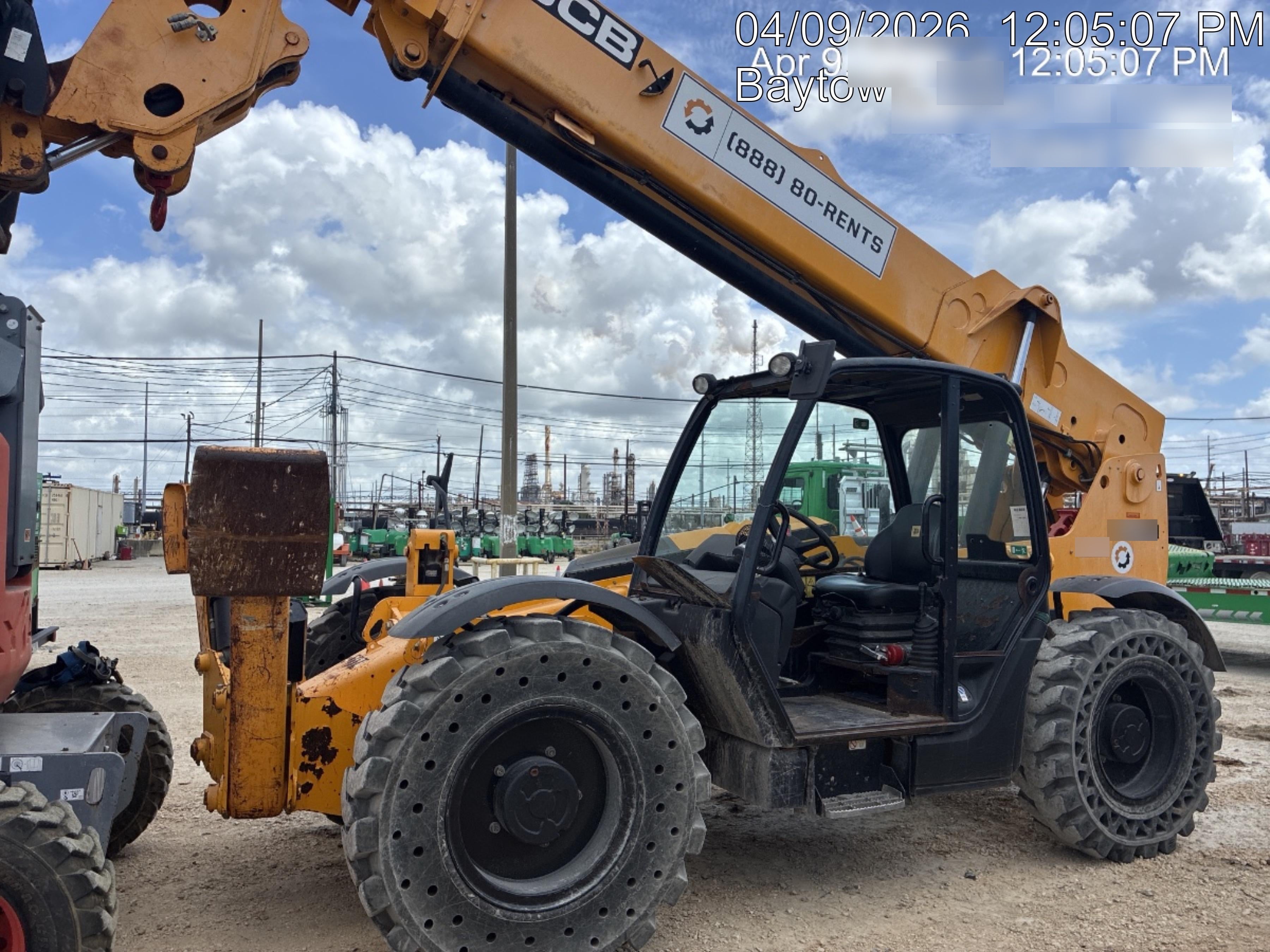2019 JCB 510-56 Open ROPS, 74 HP, Solid Tires, Worklights, Beacon, Aux Hydraulics, Lifting Eye w/66" Carriage/60" Forks