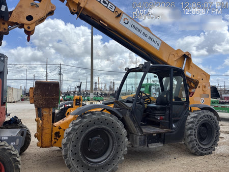 2019 JCB 510-56 Open ROPS, 74 HP, Solid Tires, Worklights, Beacon, Aux Hydraulics, Lifting Eye w/66" Carriage/60" Forks