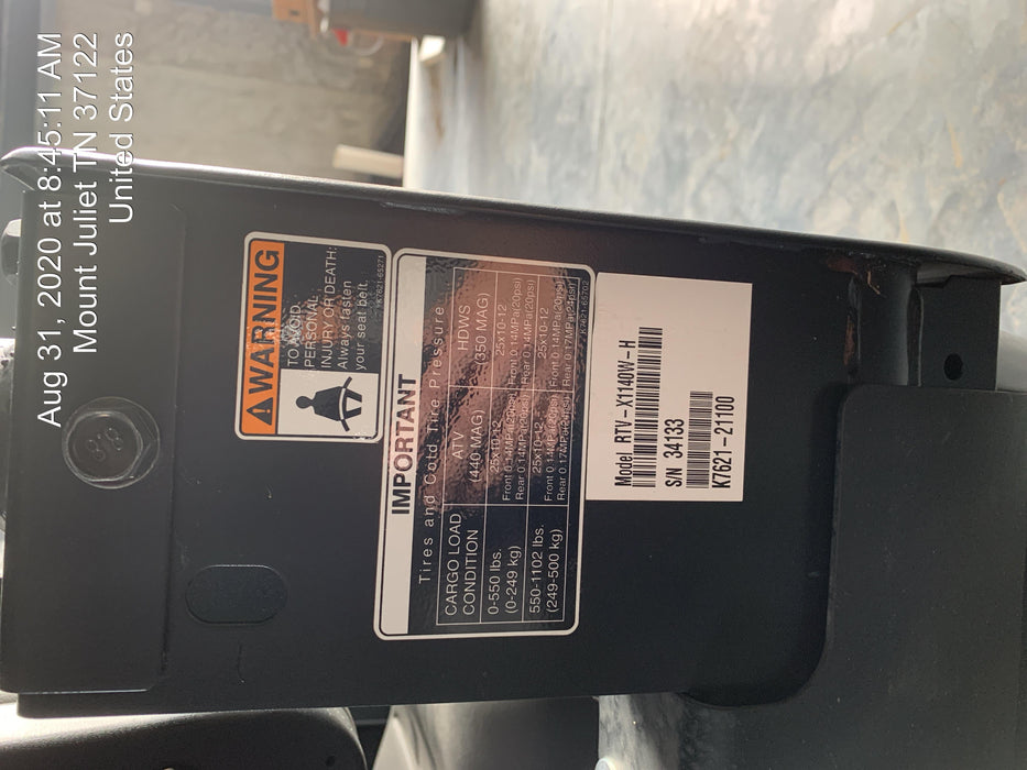 Kubota RTV-X1140W-H 4WD utility cart -LED strobe -Windshield tempered glass -Plastic canopy -Wire harness kit -Backup alarm