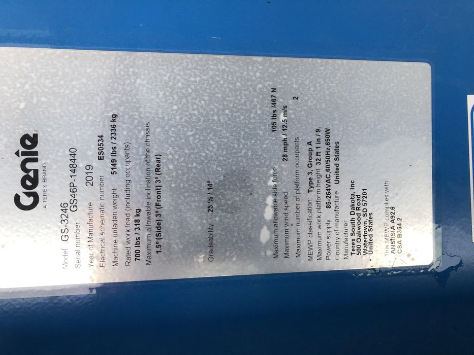 2019 Genie GS-3246 Folding rails with full height swing gate