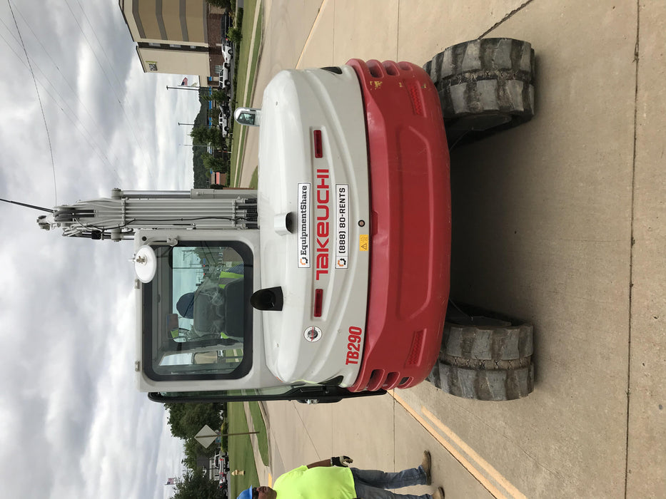 2019 Takeuchi TB290 Cab, AC, Rubber Tracks, Dozer Blade, Travel Alarm, Control Pattern Change Valve, Auxiliary Hydraulics w/18" Quick Coupler Bucket with teeth, 6.2 cu. ft. capacity/24" Quick Coupler Bucket with teeth, 8.6 cu. ft. capacity/36" Quick Coupler Bucket with teeth, 13.4 cu. ft. capacity, Quick Coupler, Hydraulic Thumb Installed