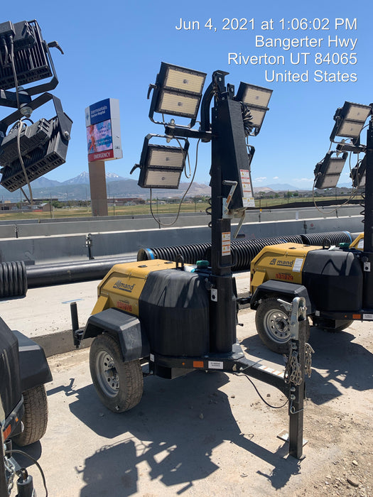 2021 Allmand NLV3GR (4) LED Light Fixture 350W, 23' Vertical Mast, 3kW Prime, Towable, Deep Sea L401, Leveling Jacks, Yanmar T4F 5.8hp