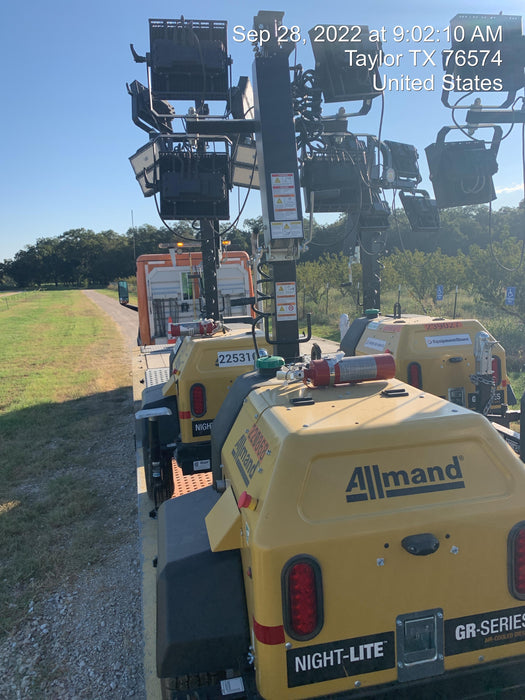 2022 Allmand NLV3GR (4) LED Light Fixture 350W, 23' Vertical Mast, 3kW Prime, Towable, Deep Sea L401, Leveling Jacks, Yanmar T4F 5.8hp