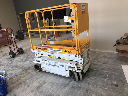Custom Equipment HB-1430 Hy-Brid Scissor Lift
Platform capacity up to 670 lbs
Working height up to 20 ft
Weighs under 1,700 lbs
Non-marking wheels