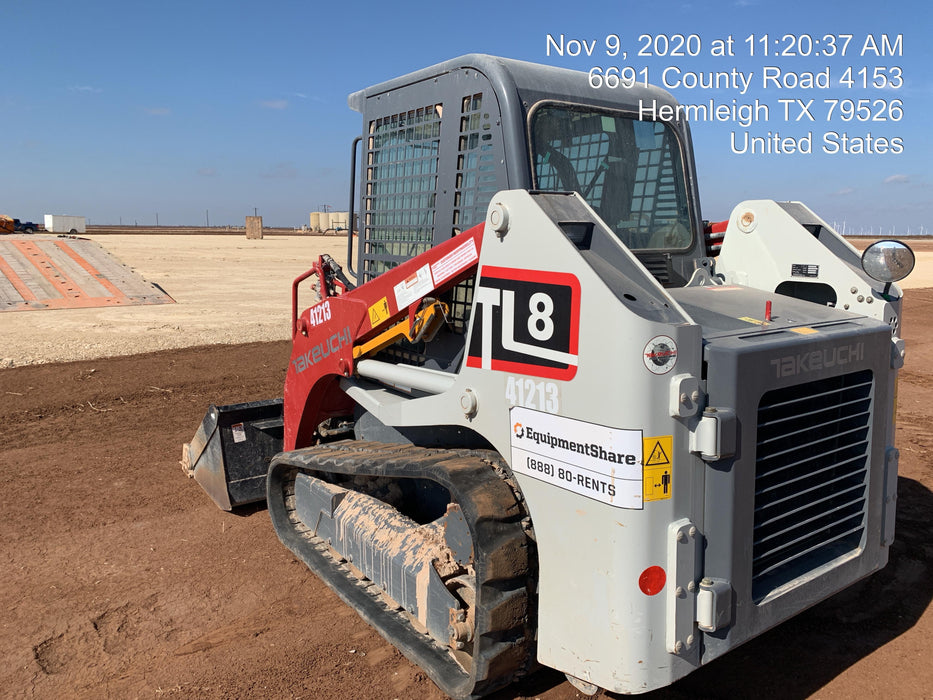 2019 Takeuchi TL8 Cab, Heat/AC, Defroster, 15" Wide Rubber Tracks, Back-up Alarm, Front & Rear Working Lights, Auxiliary Hydraulics, Two-Speed Travel, Electronic Monitoring System, Hydraulic Universal Quick Hitch 76" HD Dirt Bucket with 8 Teeth, 20.3 cubic feet Capacity