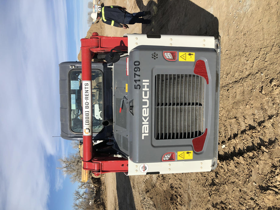 2019 Takeuchi TL10V2-CR Cab/Heat/AC, Rubber Tracks, Backup Alarm, Front & rear working Lights, Auxiliary Hydraulics, 2 Speed Travel, Engine Monitoring System, Hydraulic universal quick hitch w/76" HD dirt bucket with 8 teeth, 20.3 cubic feet capacity, 48" Pallet forks and frame