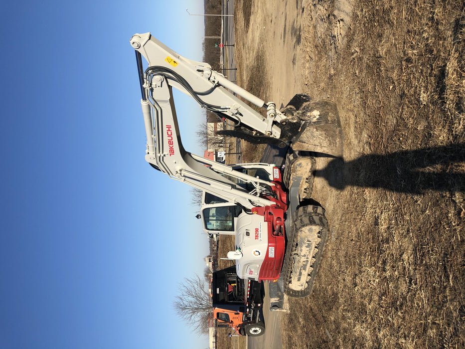 2019 Takeuchi TB290 Cab, AC, Rubber Tracks, Dozer Blade, Travel Alarm, Control Pattern Change Valve, Auxiliary Hydraulics w/18" Quick Coupler Bucket with teeth, 6.2 cu. ft. capacity/24" Quick Coupler Bucket with teeth, 8.6 cu. ft. capacity/36" Quick Coupler Bucket with teeth, 13.4 cu. ft. capacity, Quick Coupler, Hydraulic Thumb Installed