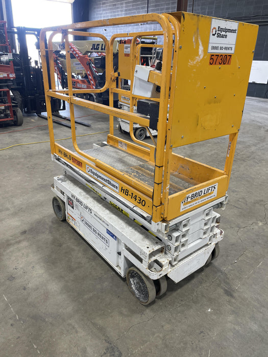 Custom Equipment HB-1430 <ul>
 <li>Hy-Brid Scissor Lift</li>
  <li>Platform capacity up to 670 lbs.</li>
  <li>Working height up to 20 ft</li>
  <li>Weighs under 1,700 lbs.</li>
  <li>Non-marking wheels </li>
</ul>